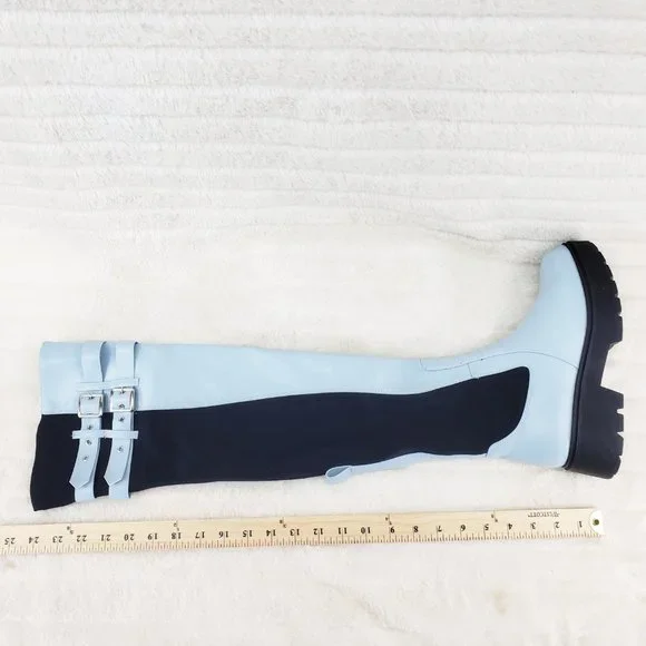 Techno Baby Blue Lycra Stretch Lug Sole Thigh High Combat Rider Brand New - Picture 13 of 16